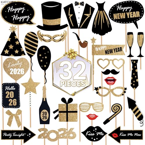 KatchOn, Glitter New Years Photo Booth Props 2026 - Pack of 32 | New Years Eve Photo Booth Props for Happy New Years Decor...