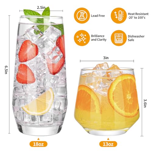 ZMOWIPDL Drinking Glasses Set of 8,Clear 13 oz & 18oz Crystal Glass Cups,Drinkware Glassware,Highball Water Tumbler,Short ...