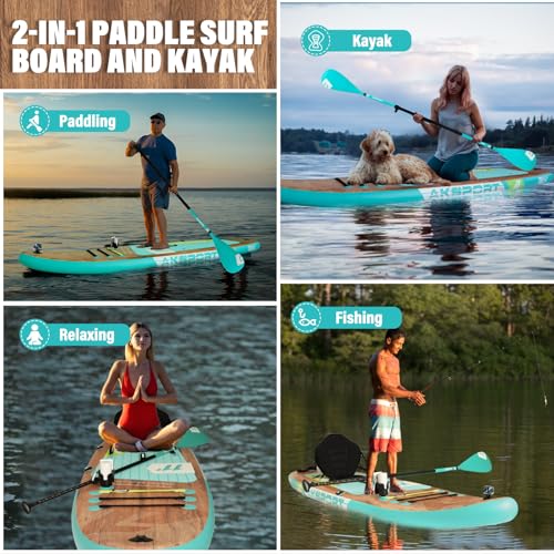 AKSPORT Inflatable Stand Up Paddle Board, SUP Board with All Accessories, Wide Stable Design, Non-Slip Deck, Inflatable Pa...