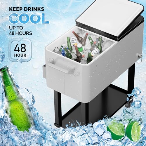 VINGLI 80 Quart Rolling Ice Chest on Wheels, Portable Patio Party Bar Drink Cooler Cart, with Shelf, Beverage Pool with Bo...
