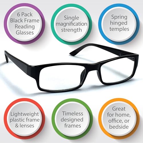 Boost Eyewear 6 Pack Reading Glasses, Traditional Black Frames, with Spring Loaded Hinges