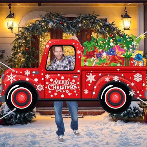 Panelee Christmas Truck Photo Props Xmas Gifts Truck Selfie Frame Backdrop Banner Merry Christmas Car Backdrop Decorations...