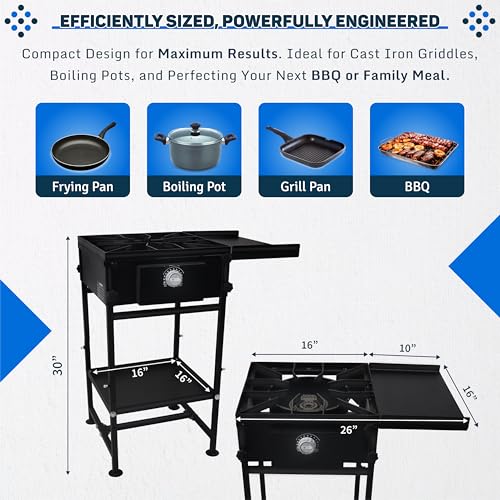 Single Propane Burner Stove - 1,30,000 High btu Propane Burner Camping Stove with Side Shelf & Bottom Shelf - Steel Single...