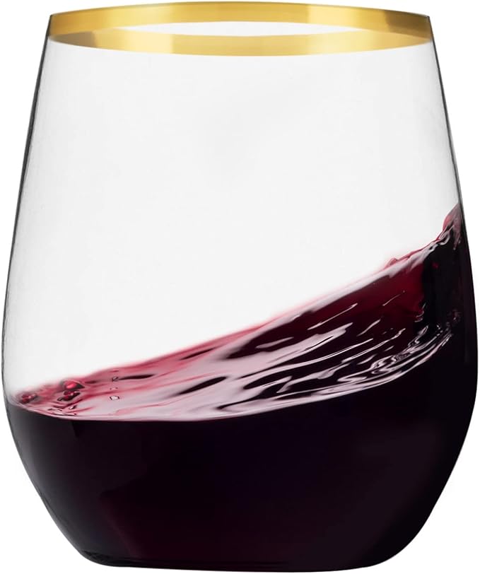 Munfix 48 Pack Plastic Stemless Wine Glasses with Gold Rim, Disposable 12 Oz Clear Plastic Wine Cups Shatterproof Recyclab...
