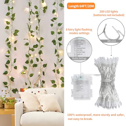 CEWOR 24 Pack 173ft Fake Ivy Vines, Artificial Ivy Garland with 200 LED String Lights, Hanging Plants Greenery Backdrop Gr...