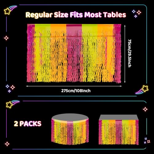 PIGETALE Glow in The Dark Party Supplies, 2 Pack Neon Fluorescent Wavy Metallic Tinsel Foil Fringe Table Skirts, 29.5x108 ...