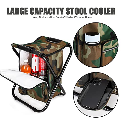 YESIACE Portable Hiking Camouflage Camping Stool, Folding Camping Chair Stool Backpack with Cooler Insulated Picnic Bag