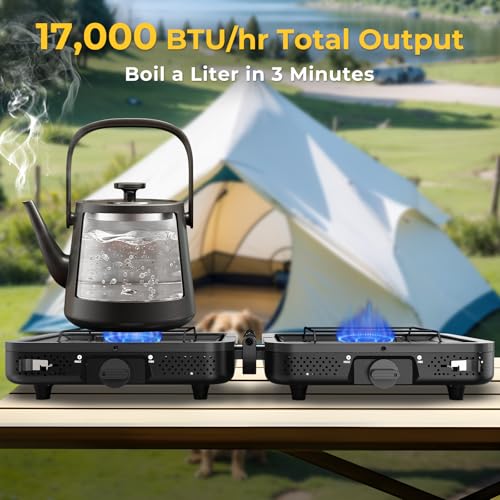 2 Burner Portable Camping Stove Propane, Folding Propane Stove for Camping, Camp Stove with 17,000 BTU,Two Adjustable Burn...