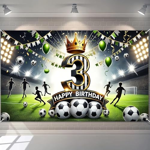BlissYard Happy 3rd Birthday Soccer Party Banner Stadium Background Third Birthday Decorations Green Gold Crown Number Thr...