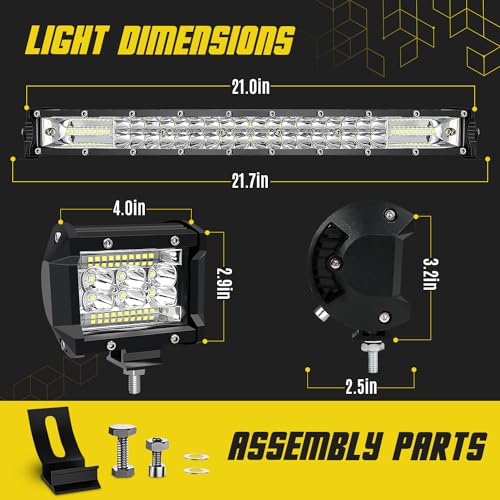 SAN YOUNG LED Light Bar Kits, (2) 20 Inch Slim Light Bars, (4) 4 Inch LED Pods, (2) Wiring Harness, 12V 24V Car Truck ATV ...