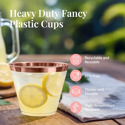 Prestee 200 Rose Gold Plastic Cups, 9oz – Elegant Hard Disposable Tumblers for Wine, Cocktails & Beverages – Clear Plastic...
