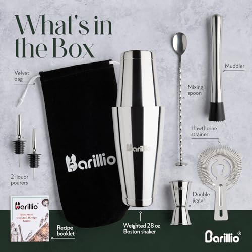 Barillio Boston Shaker Set - Stainless-Steel, Weighted, Martini Cocktail Shaker Set w/Strainer & Mixer - Mixology Bartende...