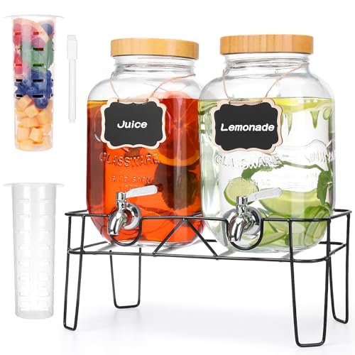 2 Pack 1 Gallon Glass Drink Dispenser with Bamboo Lids, Beverage Dispenser with Stand, Drink Machine for Lemonade, Iced Dr...