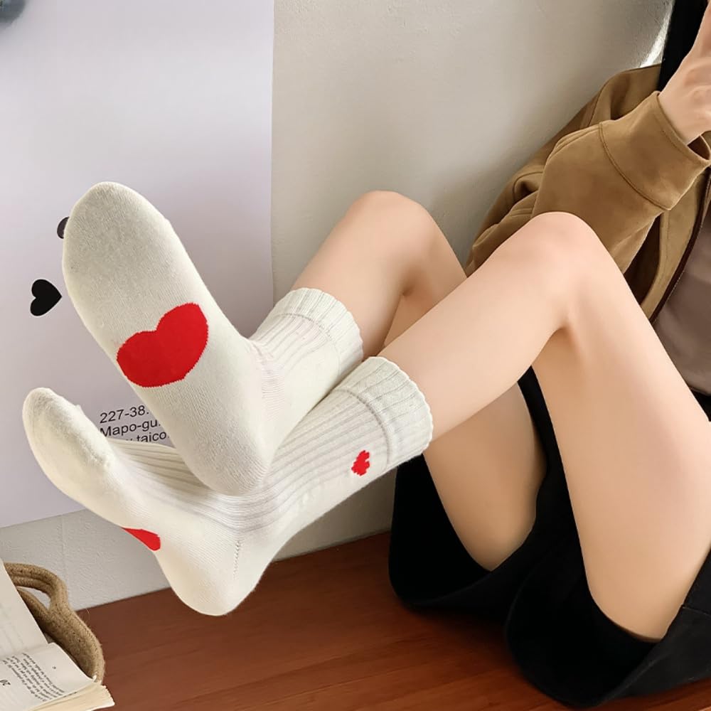 Heart Socks Women Fuzzy Socks Smiling Face Warm Cozy Soft Ankle Socks Fluffy Thick Winter Home Barefoot Crew Socks (4Pairs[White Heart+Black Heart+White Smiling Face+Black Smiling Face])