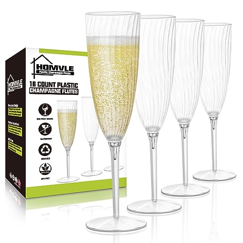 Homvle Plastic Champagne Flutes 6 Oz, Disposable Champagne Glasses (Set of 16) 1- Piece Construction Plastic Wine Glasses ...