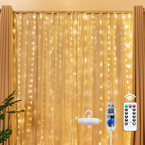 Brightown 300 LED Fairy Curtain Lights, 9.8ft x 9.8ft Warm White Curtain String Lights, USB Plug in 8 Lighting Modes Chris...