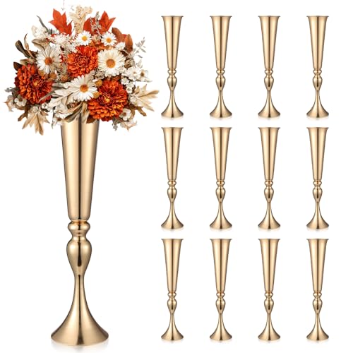 Aurabee 12 Pcs Tall Gold Trumpet Vases for Centerpieces & Wedding Tables - 21.65" Tall Gold Flower Vase Set with Weighted ...