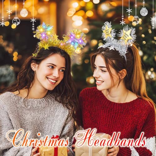 Firuilo Light Up Christmas Headband Glowing Star Tinsel HAairbands Happy New Year Headpieces Xmas Hair Accessories for Women