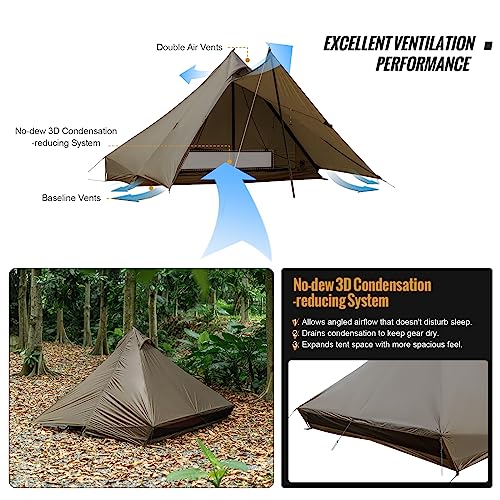 OneTigris Tetra Ultralight Tent Tipi 1-2 Person with Inner Tent, Tent Pole, Trekking Pole Tent, Waterproof 3 Season, Ideal...