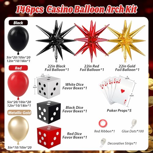 Casino Balloon Arch Garland Kit with Red Black and Gold Balloons Dice Boxes Random Pokers for Birthday Casino Night Las Ve...