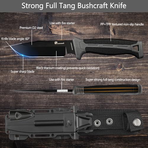 HX OUTDOORS Extra Sharp Bushcraft Knife with Fire Starter, Premium D2 Steel Fixed Blade Survival Camping Knife with Ferro ...