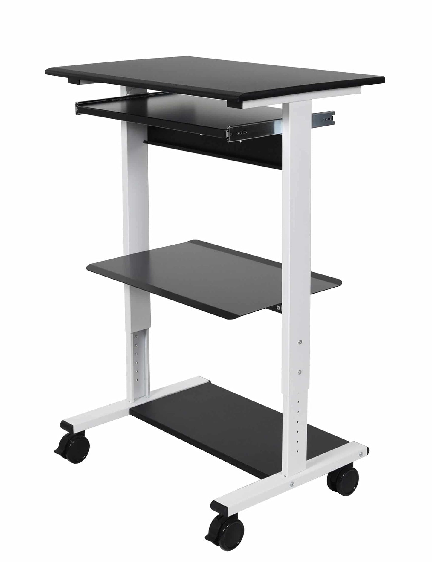 Stand Up Desk Store Mobile Rolling Adjustable Height Standing Workstation with Printer Shelf and Slideout Keyboard Tray (White Frame/Black Top, 30" Wide)