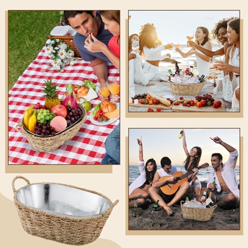 Domensi 2 Pcs Small 3 Gallons Ice Bucket with Wicker Outer Basket Handle Beverage Tub Grass Rope Woven Farmhouse Galvanize...