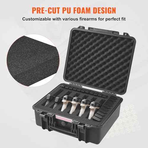 VEVOR Hard Pistol Cases with Customized PU Foam, Waterproof & Dustproof Hard Gun Case for 6 Pistol & 21 Magazine, 19.3¡¿17.1¡¿8.3 in Lockable Pistol Case, Black