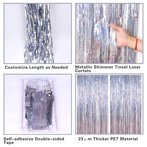 2 Pack 3.2ft x 8.2ft Silver Metallic Tinsel Foil Fringe Curtains, Door Streamer Photo Booth Backdrop for Birthday Graduati...