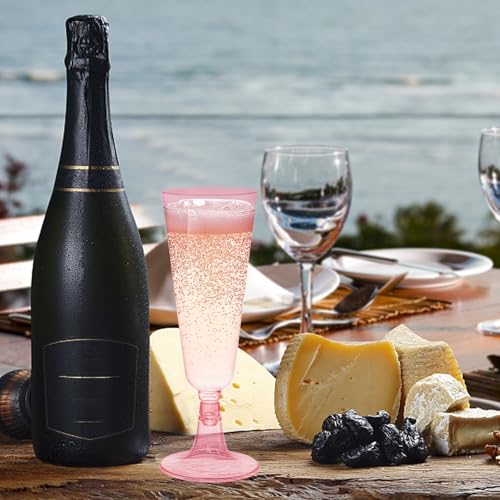 Hedume 70 Pack Pink Champagne Flutes, 5oz Disposable Plastic Wine Glasses, 2-Piece Disposable Champagne Glasses for Celebr...