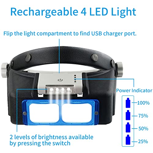 Beileshi Rechargeable Head-Mounted Magnifier with LED Light, Headband Double Lens Illuminated Reading Magnifier Loupe Jewe...