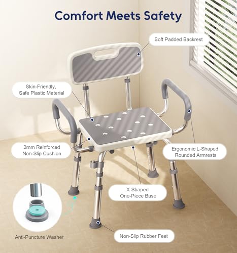 Bluelog FSA & HSA Eligible Shower Chair for Inside Shower with Arms and Back, 500lbs Capacity Height Adjustable Shower Sea...