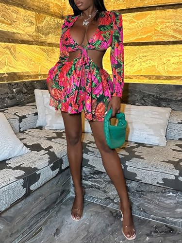 BEAUDRM Women's Sexy Summer Tropical Mini Dress Y2K Deep V Cut Out Dresses Long Bell Sleeve Vacation Tie Front Sundress