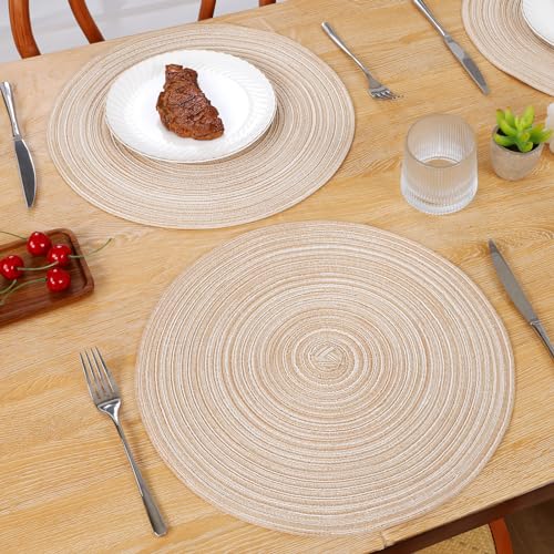 SHACOS 15 inch Round Braided Placemats Set of 6 Cotton Polyester Place Mats Non Slip Heat Resistant Washable Table Mats fo...