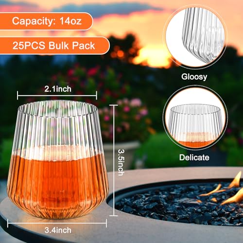 Denylo pro 25 Pcs 14 OZ Plastic Ribbed Wine Glasses Disposable Clear Wine Glasses Recyclable Shatterproof Reusable Plastic...