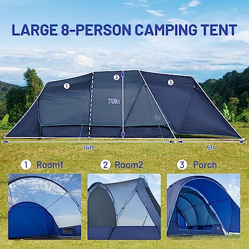 Timber Ridge 8 Person Camping Tent with Large Porch, Portable Waterproof Windproof Family Tent with Rainfly Carry Bag Room...