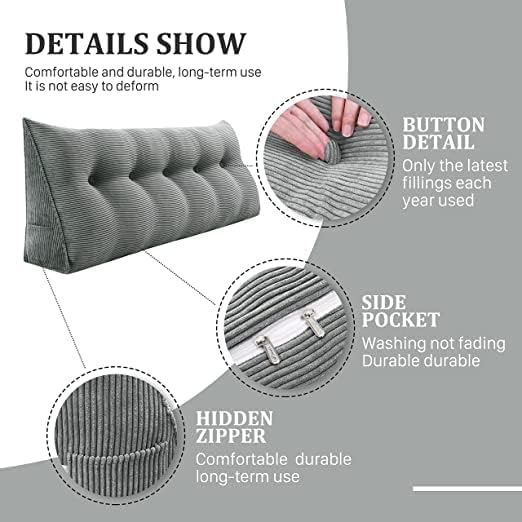 Wedge Headboard Pillow Dorm Room Reading Pillow Back Support for Sitting Up in Bed Bolster Lumbar Cushion Body Positioning Bedrest Corduroy (Dark Gray, Queen (59 * 8 * 20in))