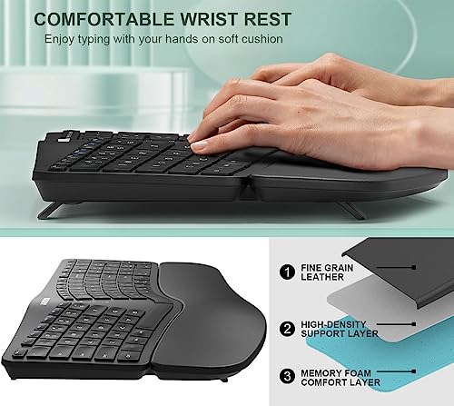 Arteck Split Ergonomic Keyboard with Cushioned Wrist and Palm Rest, 2.4G USB Wireless Comfortable Natural Ergonomic Split ...