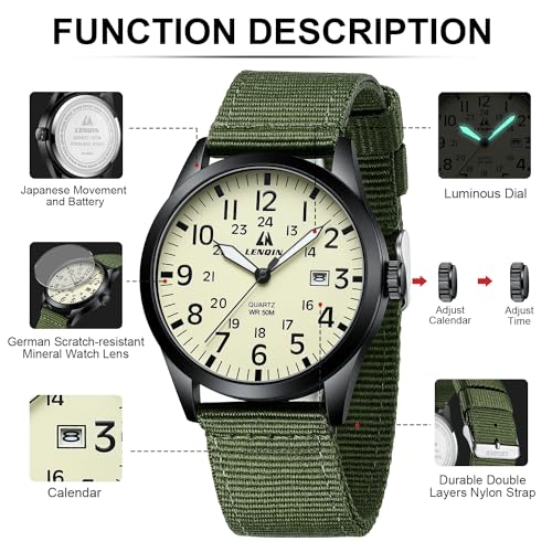 LN LENQIN Mens Watches Unisex Military Sport Nylon Strap Stylish Luminous Fashion Analog Quartz Watch for Men Waterproof A...