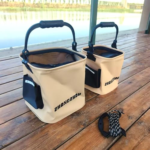 Collapsible Fishing Bucket 3.7 Gallon/14L - Portable Folding Live Bait Bucket with Aerator Pocket, Rope & Net for Live Fis...