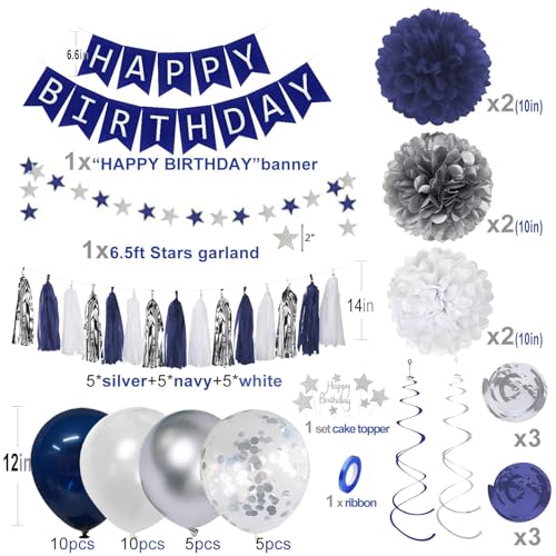 Blue Birthday Party Decorations for Men - Navy Blue and Silver Balloons with Happy Birthday Banner, Tissue Pompoms, Hangin...