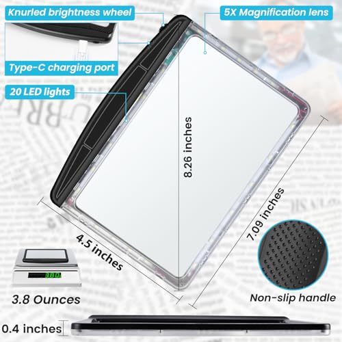 Rechargeable 5X Magnifying Glass for Reading, Large Bright Full Page Magnifier with Light, Handheld LED Dimmable Lighted, ...