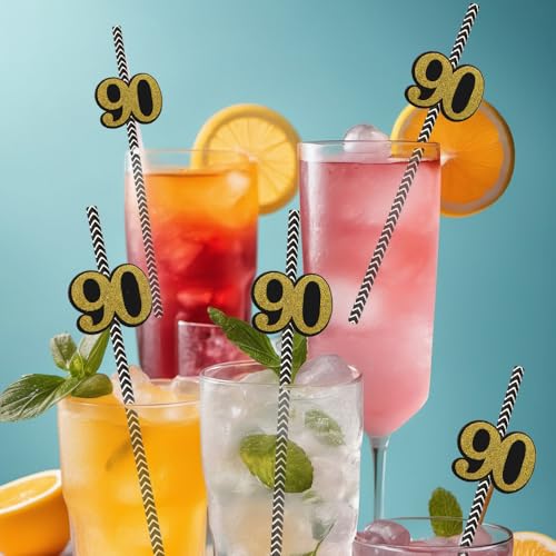 NIEITRK 24PCS Black Gold 90st Birthday Card Straws, Biodegradable Paper Straws with Number 90 for Bar Drinks, Milestone Ce...