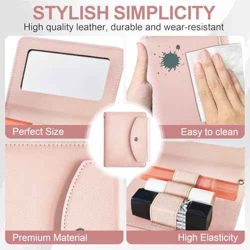 PU Lipstick Case Holder with Mirror Holds 3pcs of Long Lipsticks Keychain Holder with Clip Organizer Bag for Outside Mini Bag Pouch Gift for Women-Pink