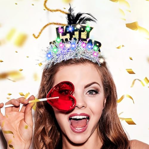 Abien Light Up Happy New Year Headbands Glitter Beer Hairband LED Hat Feather Headhoop New Year Party for Women