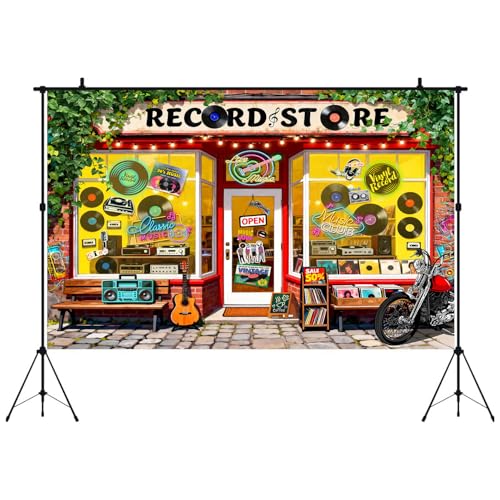 HANYING Cartoon Records Store Backdrop Retro Music Theme Birthday Party Photography Background 1950s Disco Dance Concert F...