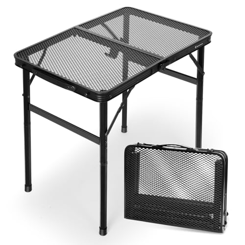 E EASTSTORM 2Ft Small Folding Table with Carry Handle, Adjustable Height 10.6–22 in, Black Metal Mesh, Portable & Compact ...