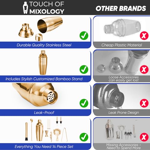 14PC Bartender Kit - Gold Cocktail Shaker Set - All Barware Essentials for Drink Mixing Includes Stand, Martini Shaker, Ji...