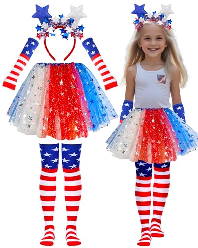 4th of July Tutu Set for Girl 6 to 12 Years Red White and Blue Tutu Patriotic Costume Accessories Independence Day Costume...