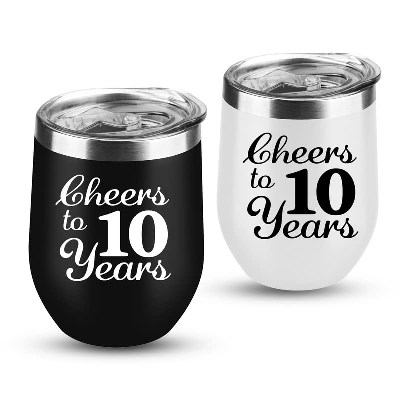 joytumbler 10th Anniversary Wedding Gifts for Couple Wife Husband Gifts for Tin Wedding Ten Years Anniversary Decorations 10 Years Marriage Gifts for Couple 2 Pack Wine Tumbler 12 OZ